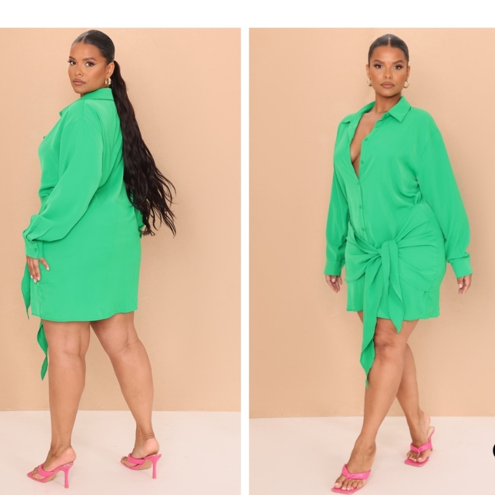 Plus Bright Green Tie Front Shirt Dress